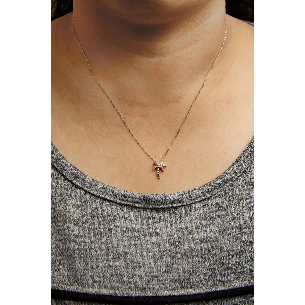 1/10 ct Pavé Diamond Palm Tree Pendant Necklace in 10K Yellow Gold