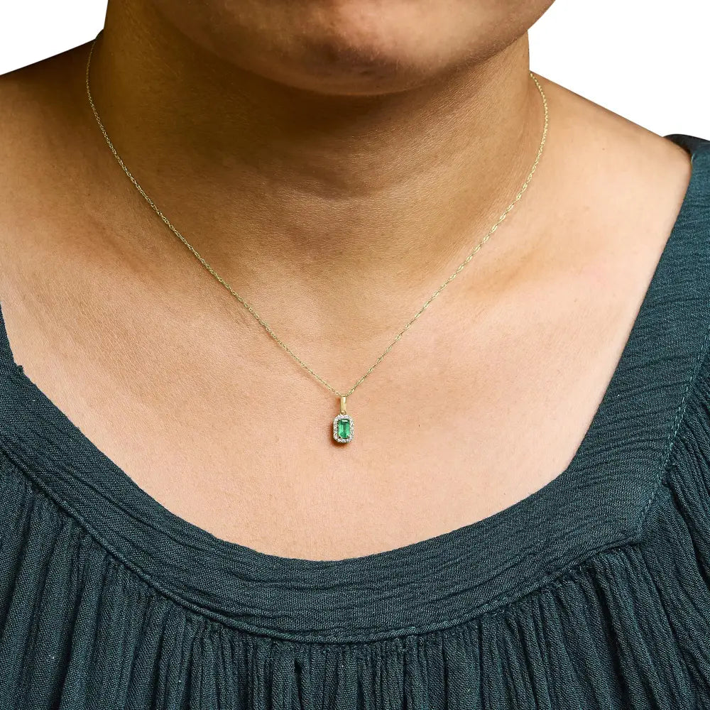 Emerald and Diamond Octagonal Halo Pendant in 10K Yellow Gold 18 Inch