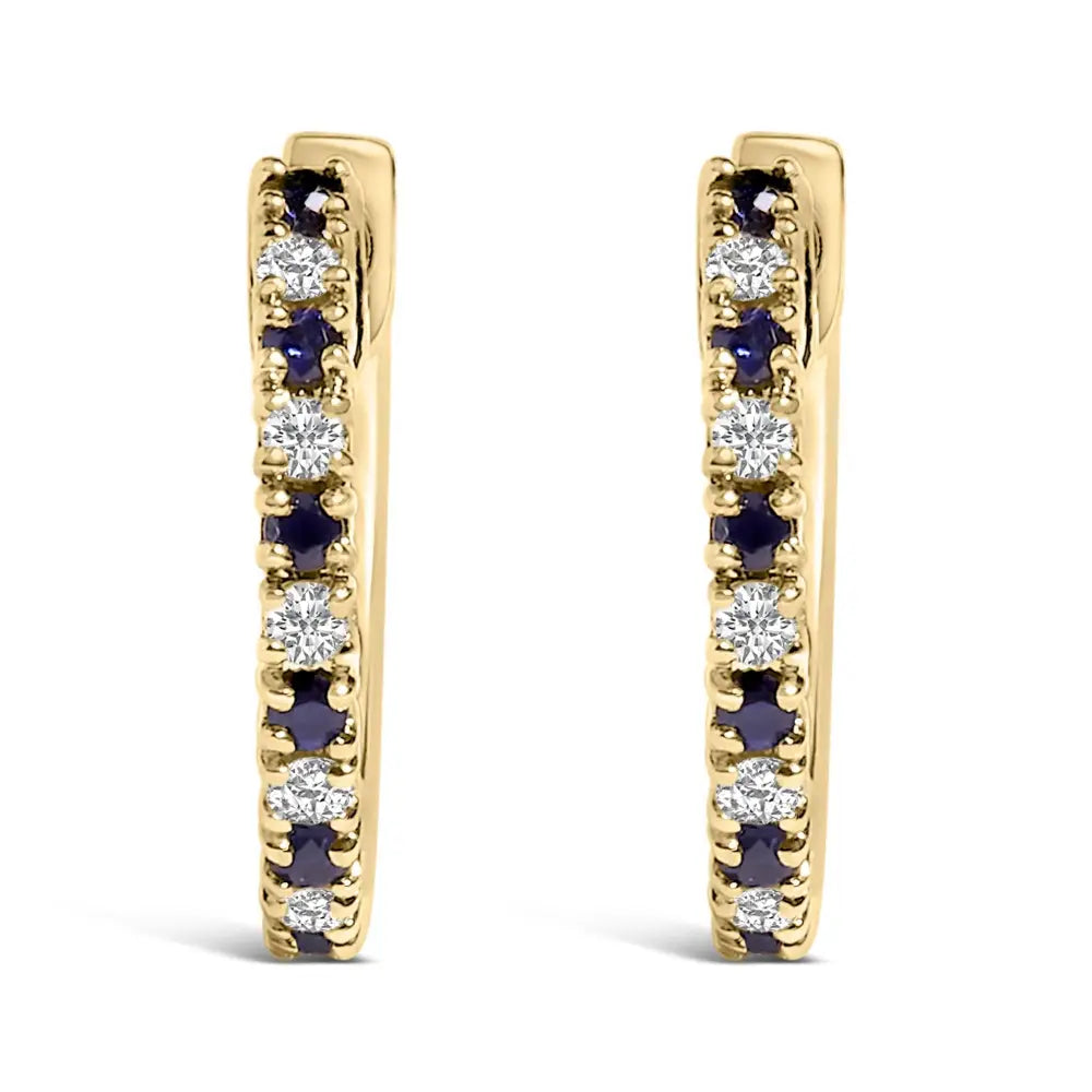 10K Yellow Gold Blue Sapphire and 1/10 Cttw Diamond Huggy Hoop Earrings