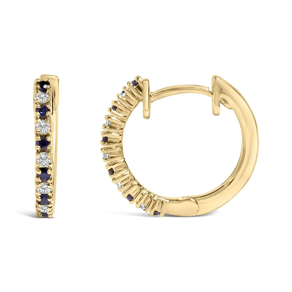 10K Yellow Gold Blue Sapphire and 1/10 Cttw Diamond Huggy Hoop Earrings