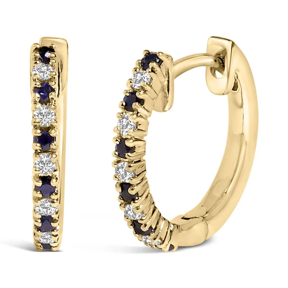10K Yellow Gold Blue Sapphire and 1/10 Cttw Diamond Huggy Hoop Earrings