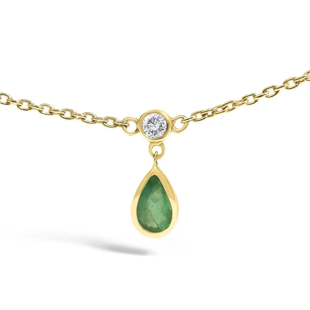 10K Yellow Gold Pear Green Emerald and Diamond Station Necklace 18
