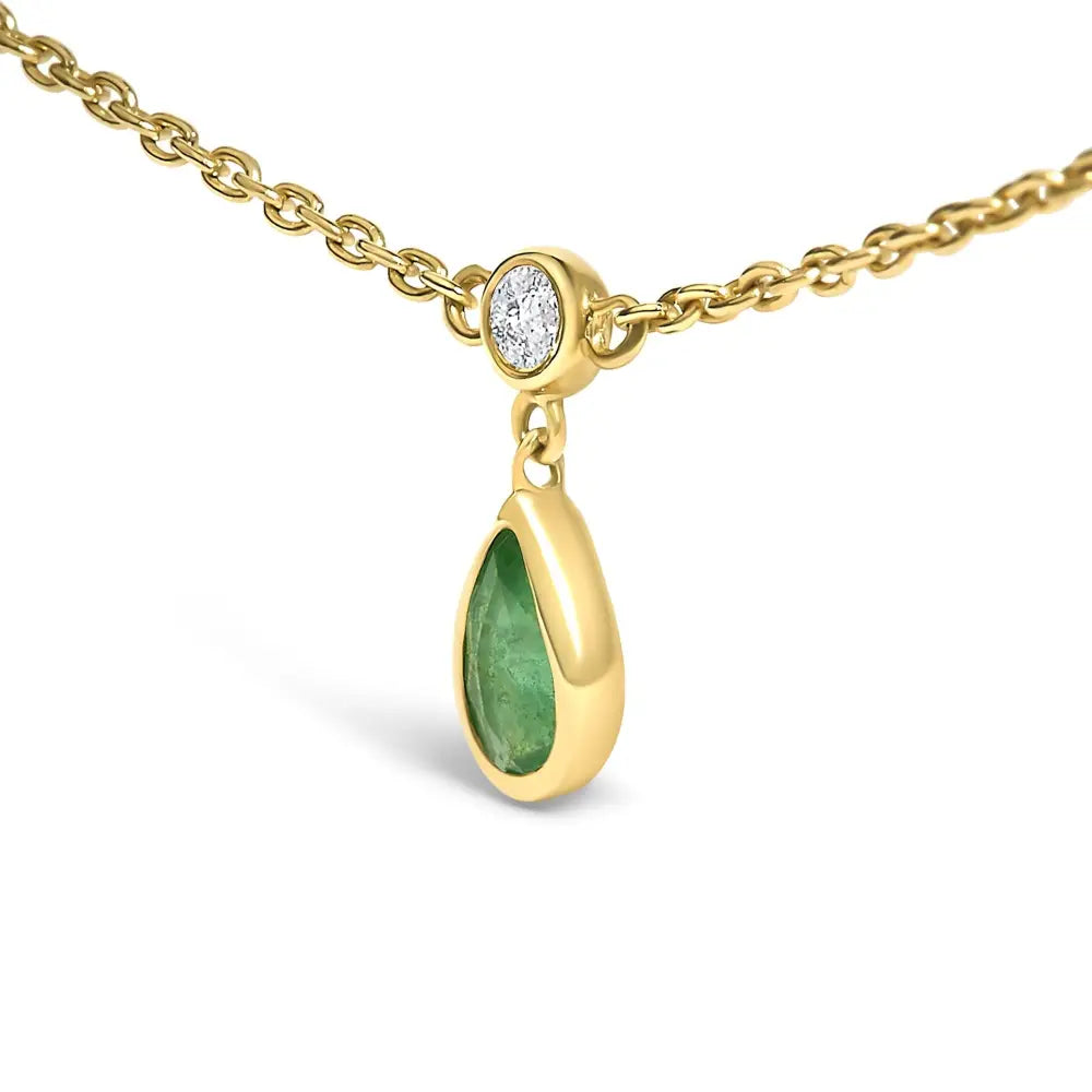 10K Yellow Gold Pear Green Emerald and Diamond Station Necklace 18