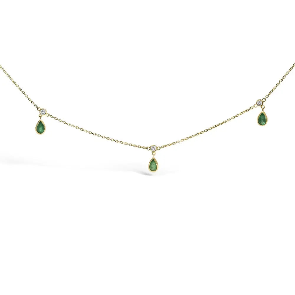 10K Yellow Gold Pear Green Emerald and Diamond Station Necklace 18