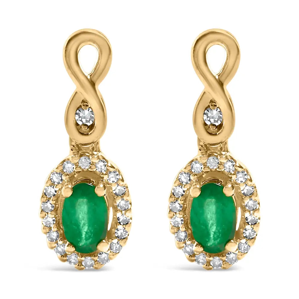 10K Yellow Gold Oval Green Emerald and 1/7 Cttw Diamond Dangle Earrings