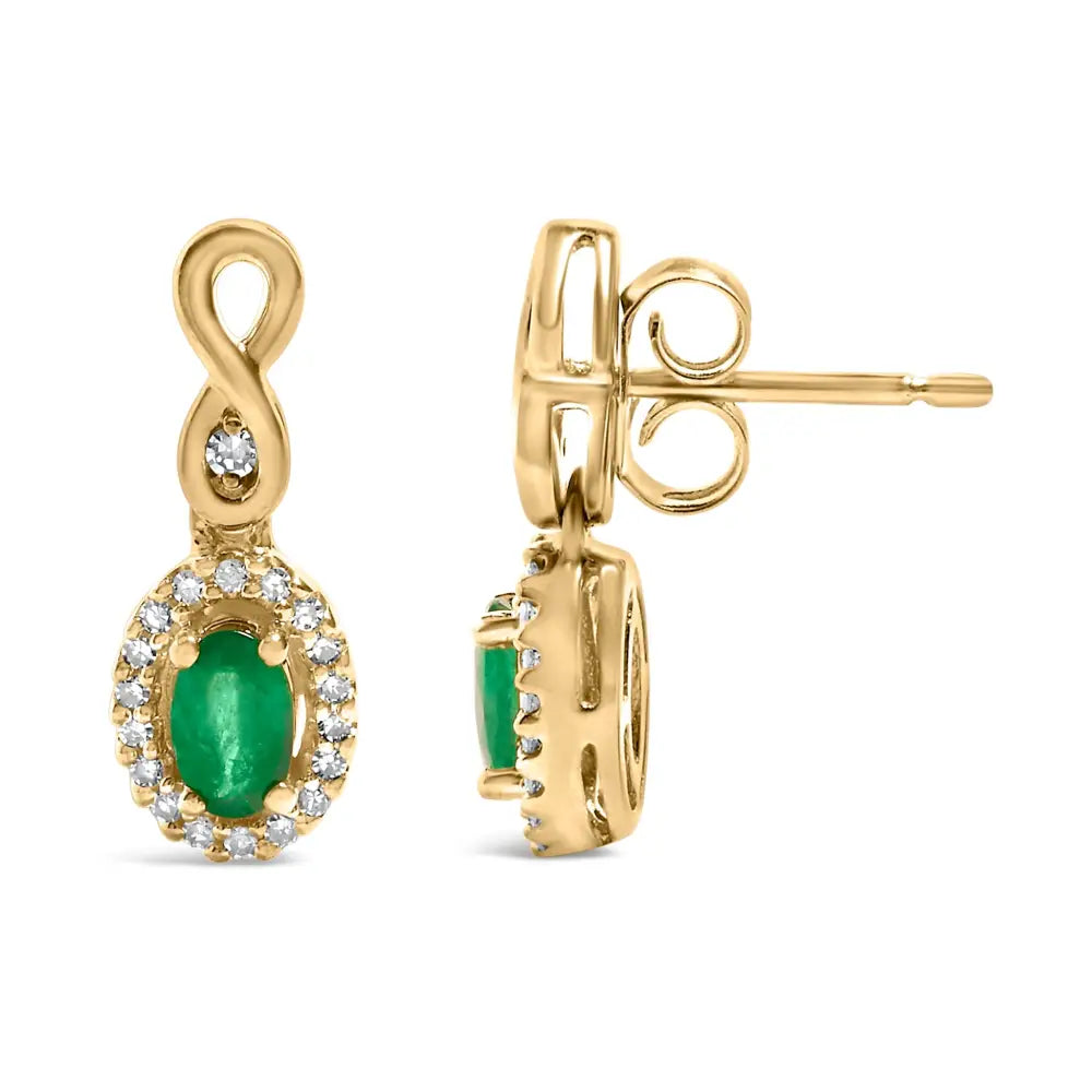 10K Yellow Gold Oval Green Emerald and 1/7 Cttw Diamond Dangle Earrings