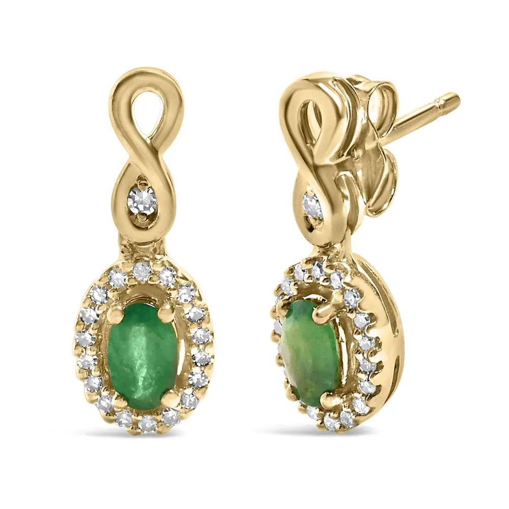 10K Yellow Gold Oval Green Emerald and 1/7 Cttw Diamond Dangle Earrings