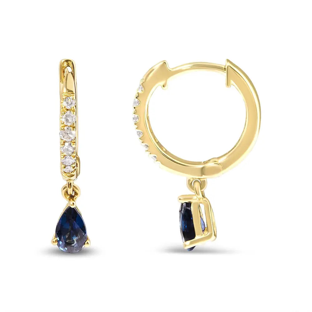 Pear Blue Sapphire and Diamond Drop Huggy Earrings in 10K Yellow Gold