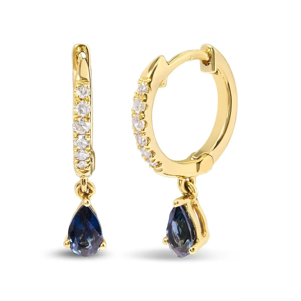 Pear Blue Sapphire and Diamond Drop Huggy Earrings in 10K Yellow Gold
