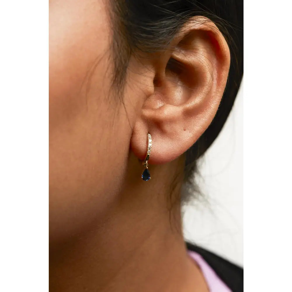 Pear Blue Sapphire and Diamond Drop Huggy Earrings in 10K Yellow Gold