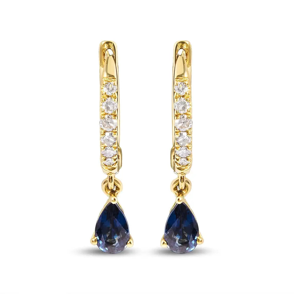 Pear Blue Sapphire and Diamond Drop Huggy Earrings in 10K Yellow Gold