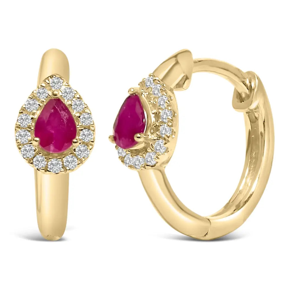 10K Yellow Gold Pear Ruby and 1/10 CTTW Diamond Huggie Earrings