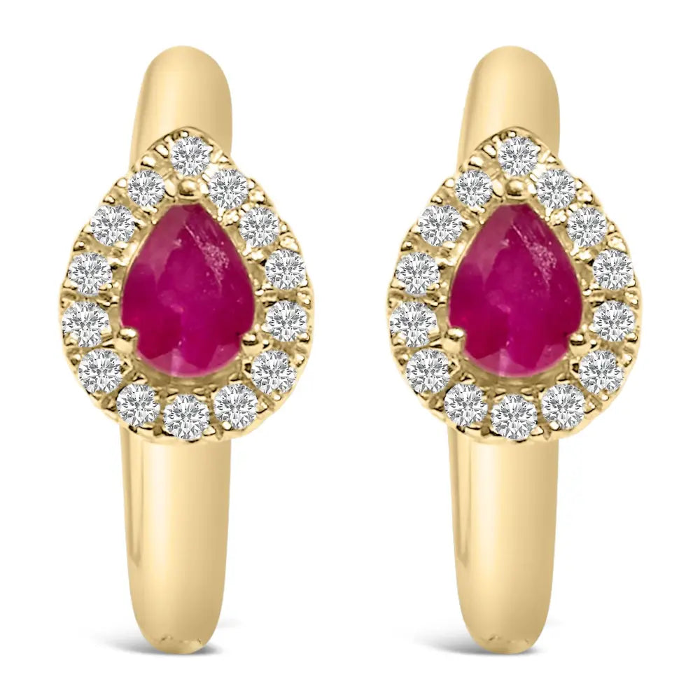 10K Yellow Gold Pear Ruby and 1/10 CTTW Diamond Huggie Earrings