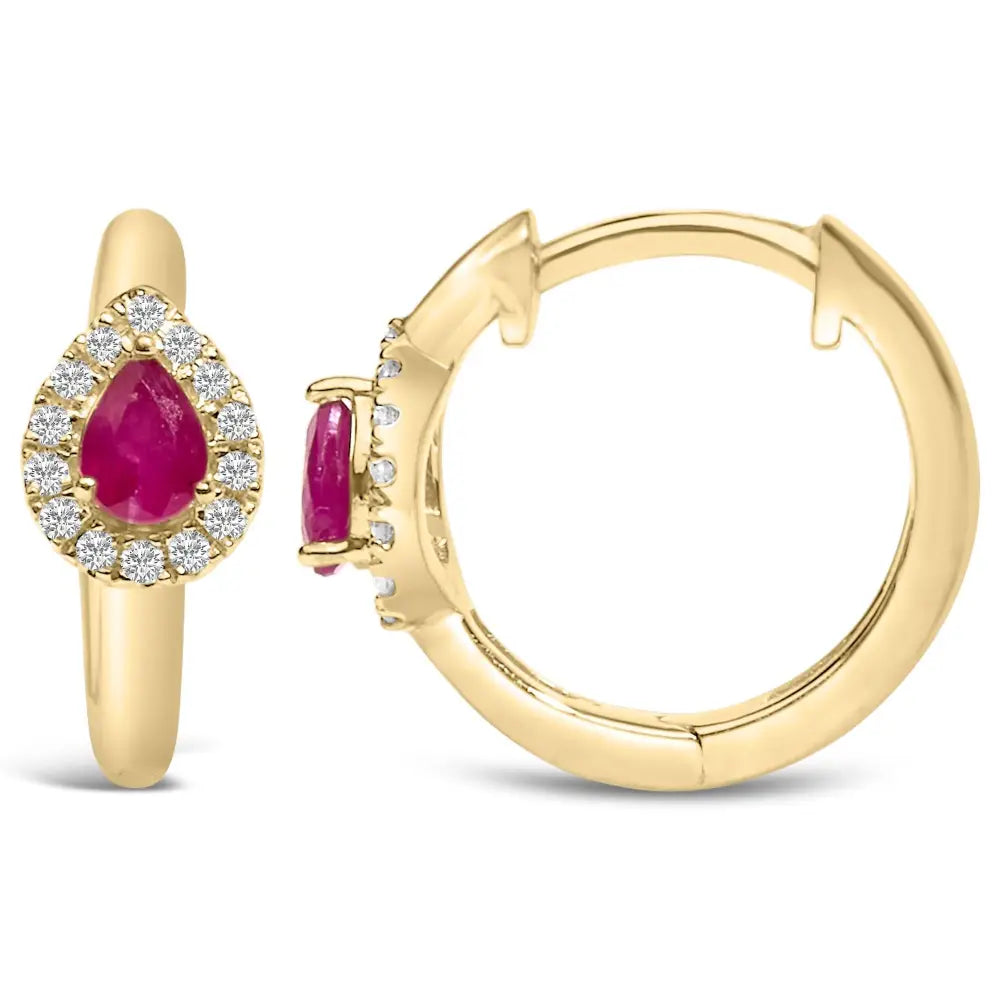 10K Yellow Gold Pear Ruby and 1/10 CTTW Diamond Huggie Earrings