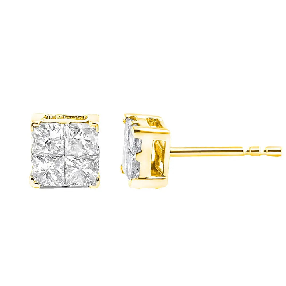 1.0 Cttw Princess Cut Diamond Stud Earrings in Gold Plated Silver