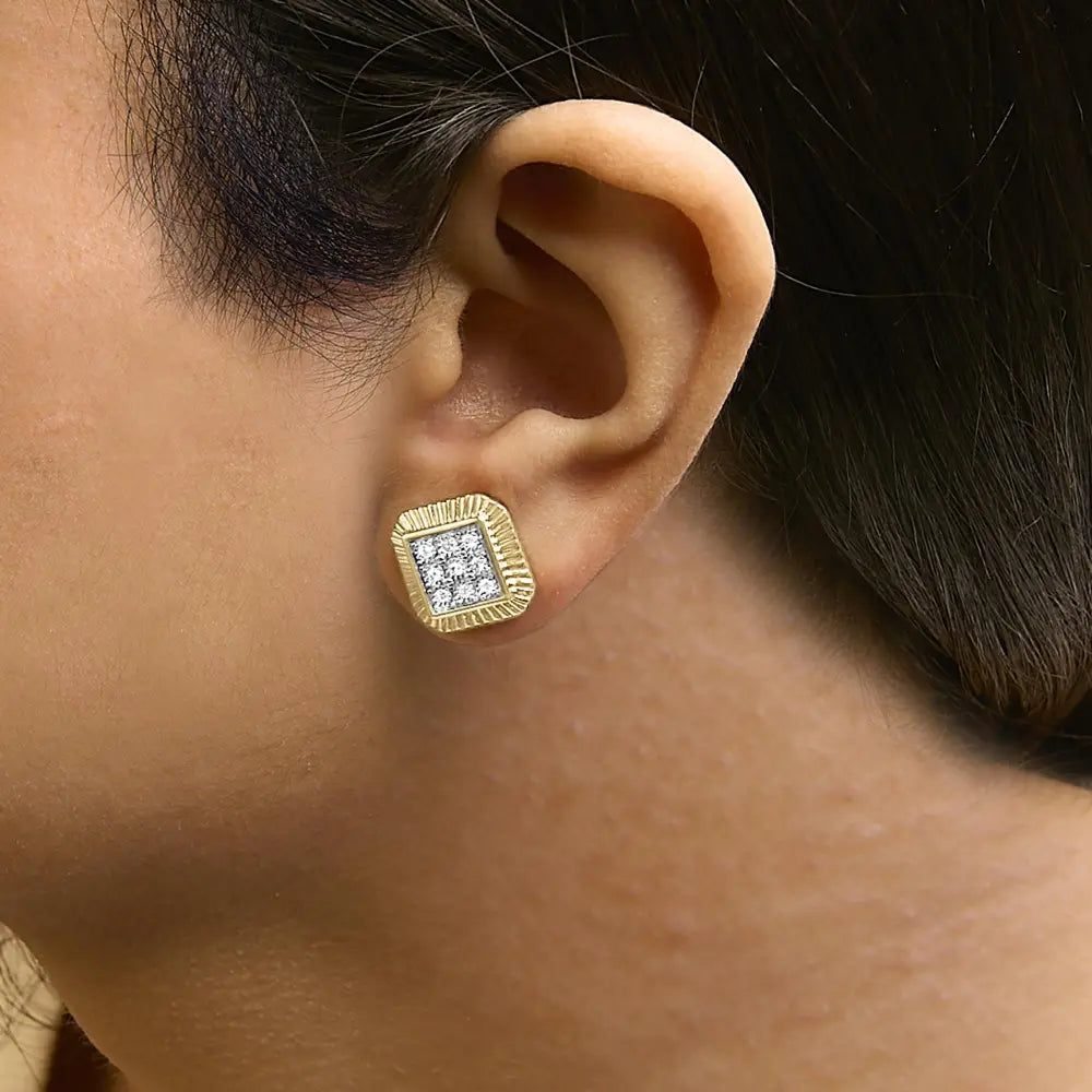 1/6 Cttw Diamond Square Textured Halo Stud Earrings in 10K Gold over Silver
