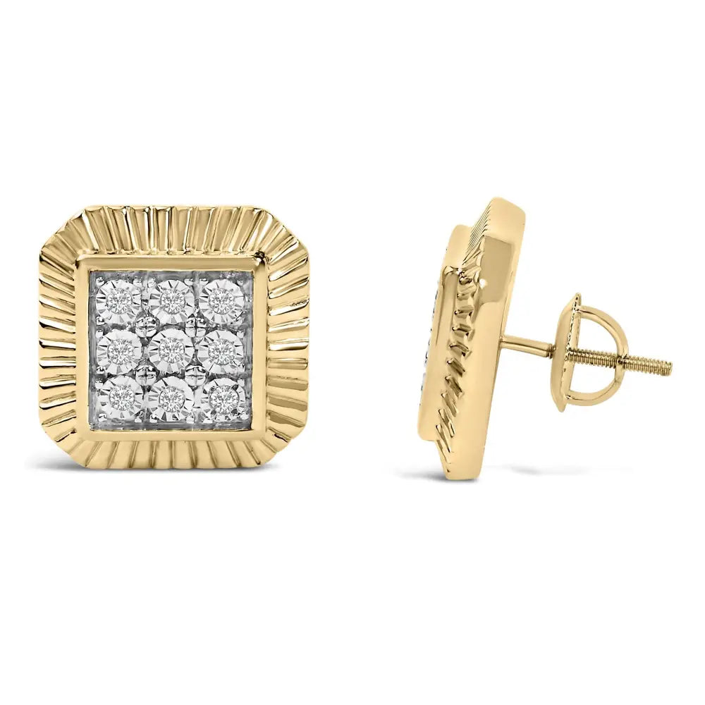 1/6 Cttw Diamond Square Textured Halo Stud Earrings in 10K Gold over Silver