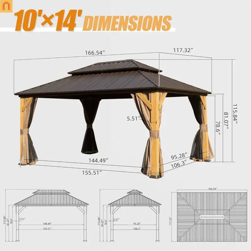 Hardtop Gazebo Cedar Wood Brown 10x14 ft with Curtains and Netting