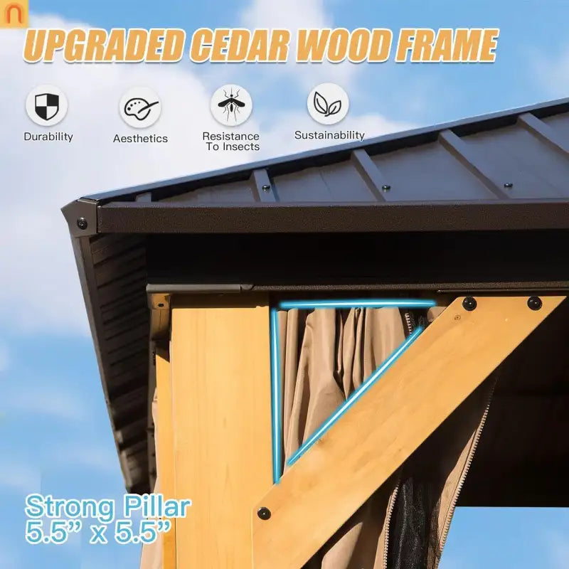 Hardtop Gazebo Cedar Wood Brown 10x14 ft with Curtains and Netting