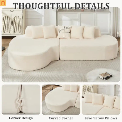 Sectional Sofa Curved Chaise Chenille Ivory 3 Seat 112 In 5 Pillows