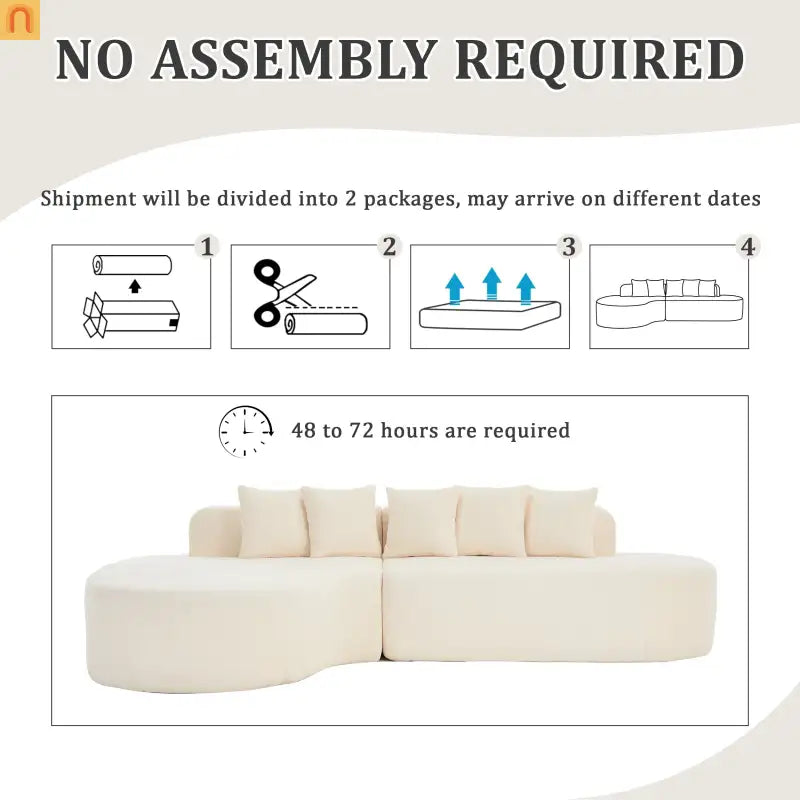 Sectional Sofa Curved Chaise Chenille Ivory 3 Seat 112 In 5 Pillows