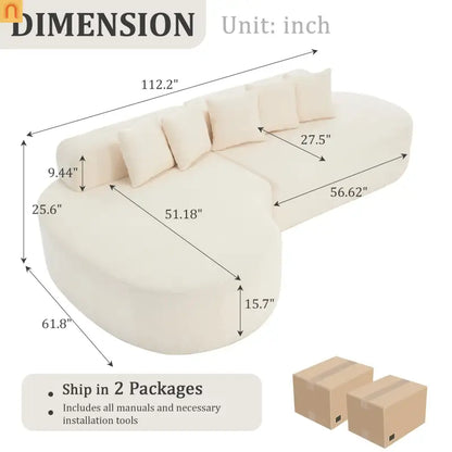 Sectional Sofa Curved Chaise Chenille Ivory 3 Seat 112 In 5 Pillows