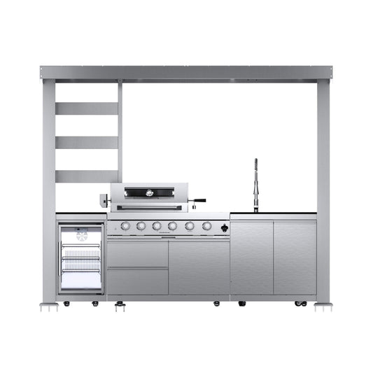 Castelle Flame Imperial 110-Inch 4-Burner 72K BTU Deluxe Stainless Steel Outdoor Kitchen Grill Island With Wine Cooler, Rotisserie, Cabinets, And Granite Countertops (SAK94721)