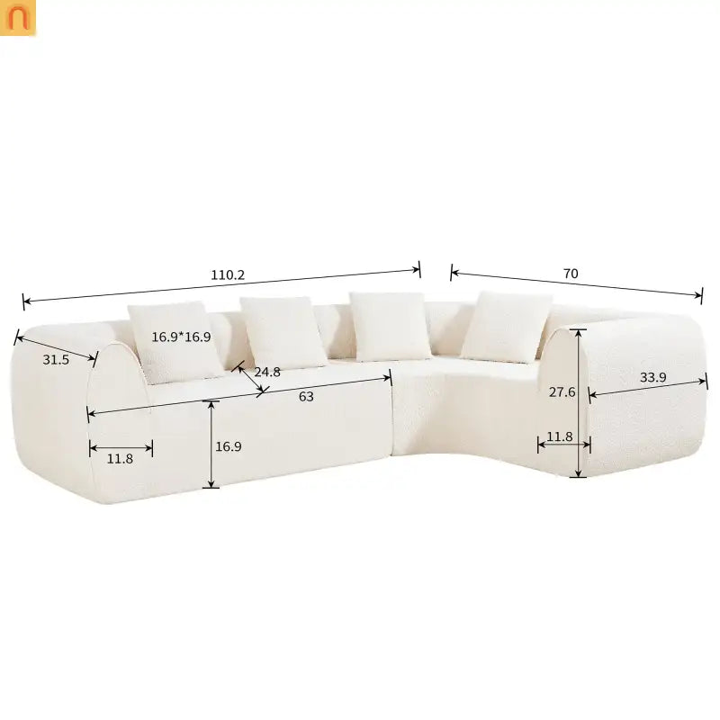 Sectional Sofa Curved L-Shape High-Density Foam White 4 Seat 110 In