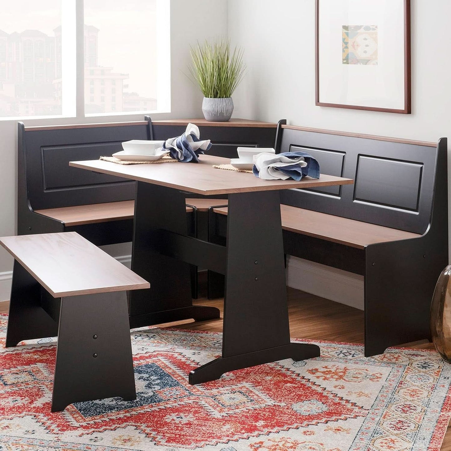 Black Pecan Five Seat Dining Set With Storage Benches