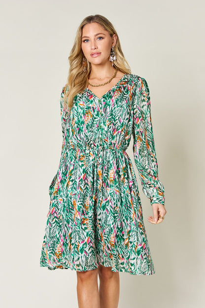 Printed Long Sleeve Drawstring Dress