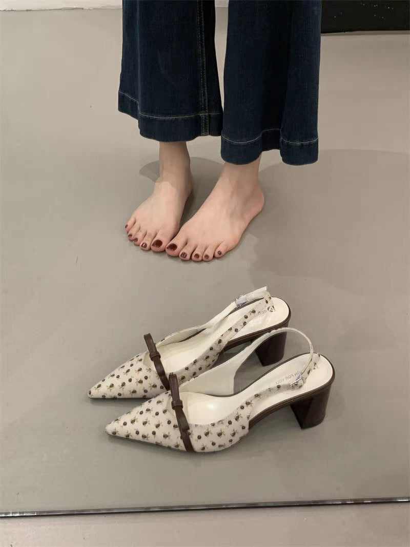 Apricot Bow Polka Dot Pointed Toe Block Heel Sandals, Elegant Gentle Style Women Closed Toe High Heels