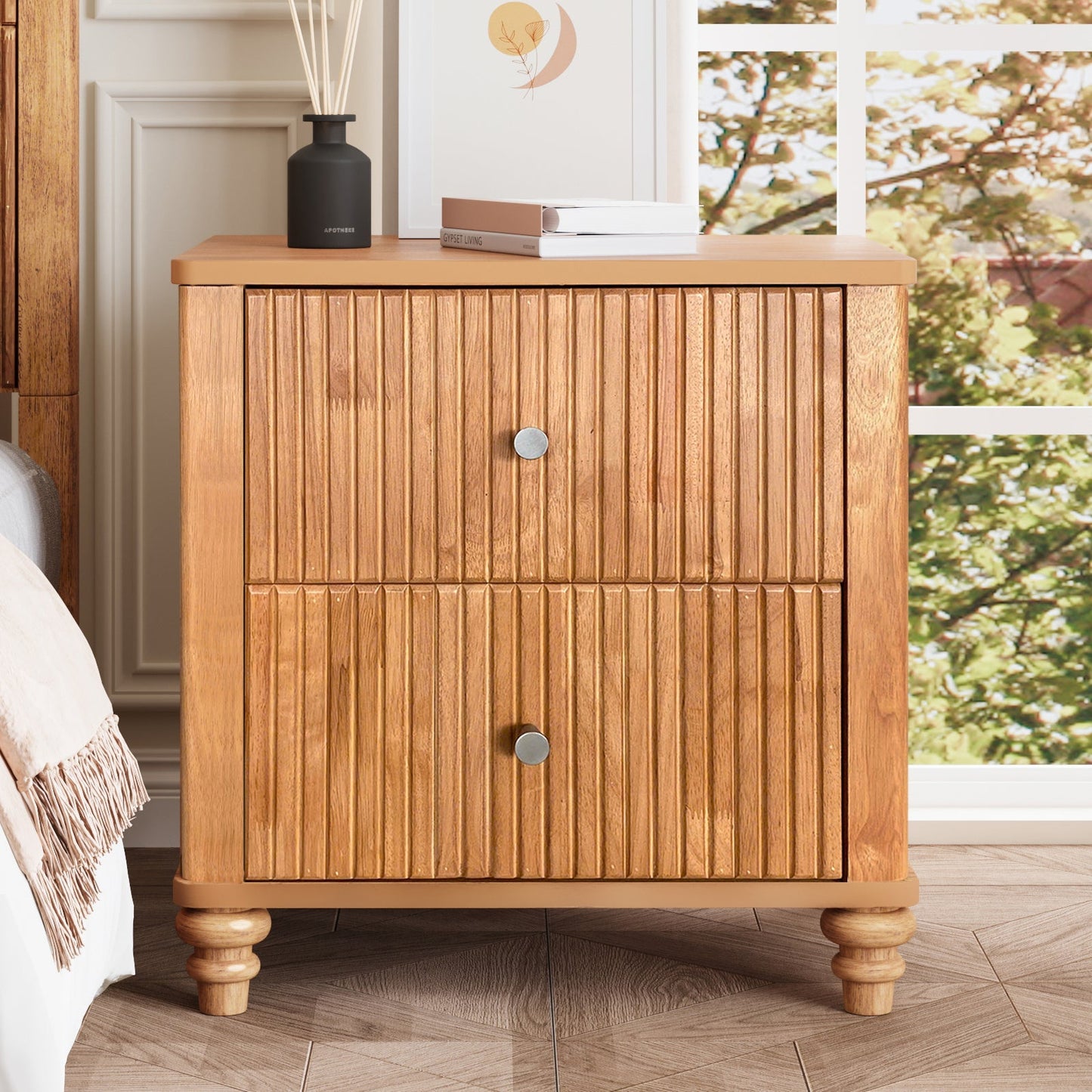 Mid Century Fluted Nightstand with 3 Drawers, 21.65 in Wide, Natural