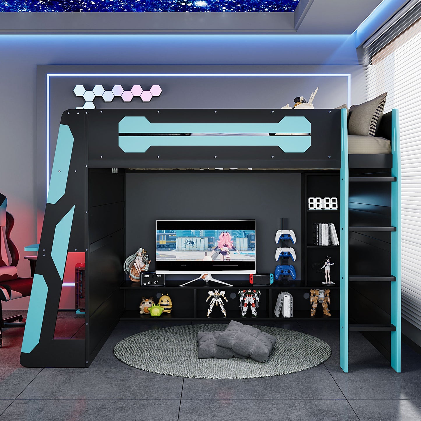 Full Size Wood Loft Bed with Desk, Multi-storage Shelves and RGB Light, Cloud