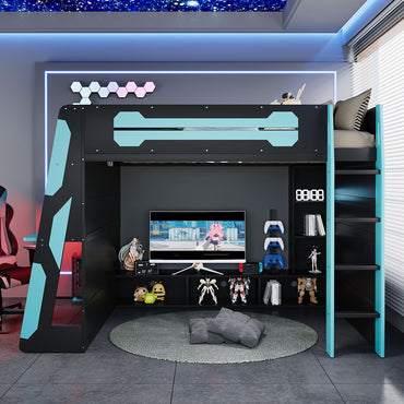 Full Size Wood Loft Bed with Desk, Multi-storage Shelves and RGB Light, Cloud
