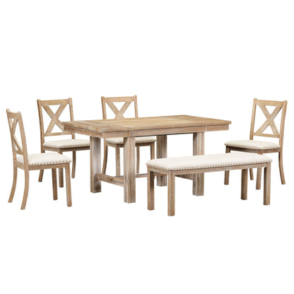 Farmhouse 82inch 6-Piece Extendable Dining Table with Footrest, 4 Upholstered