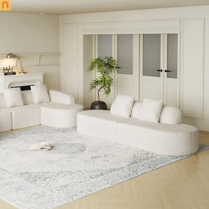 Sofa L-Shape Curved Modular Lychee Polyester White 6 Seat 112 In