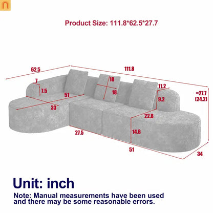 Sofa L-Shape Curved Modular Lychee Polyester White 6 Seat 112 In