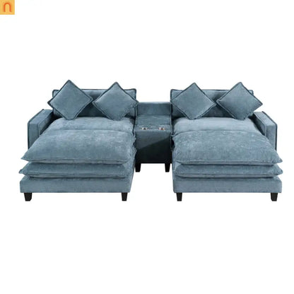 Sectional Sofa Chenille Light Blue 2 Seat USB Ports 2 Ottomans 111 In