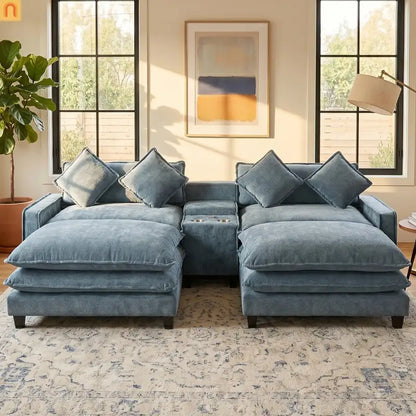 Sectional Sofa Chenille Light Blue 2 Seat USB Ports 2 Ottomans 111 In