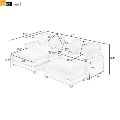 Sectional Sofa Chenille Light Blue 2 Seat USB Ports 2 Ottomans 111 In