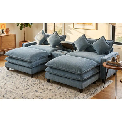 Sectional Sofa Chenille Light Blue 2 Seat USB Ports 2 Ottomans 111 In