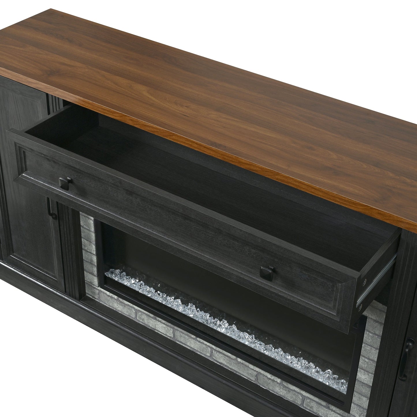 TV Stand Fireplace Black MDF Walnut Top Gray Brick 1400W Fits 70 In TV 66.9 In