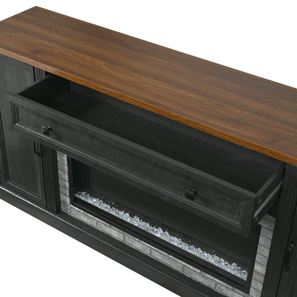 TV Stand Fireplace Black MDF Walnut Top Gray Brick 1400W Fits 70 In TV 66.9 In