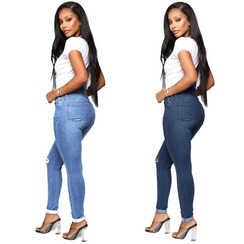 Womens Ripped Washed Denim Overalls