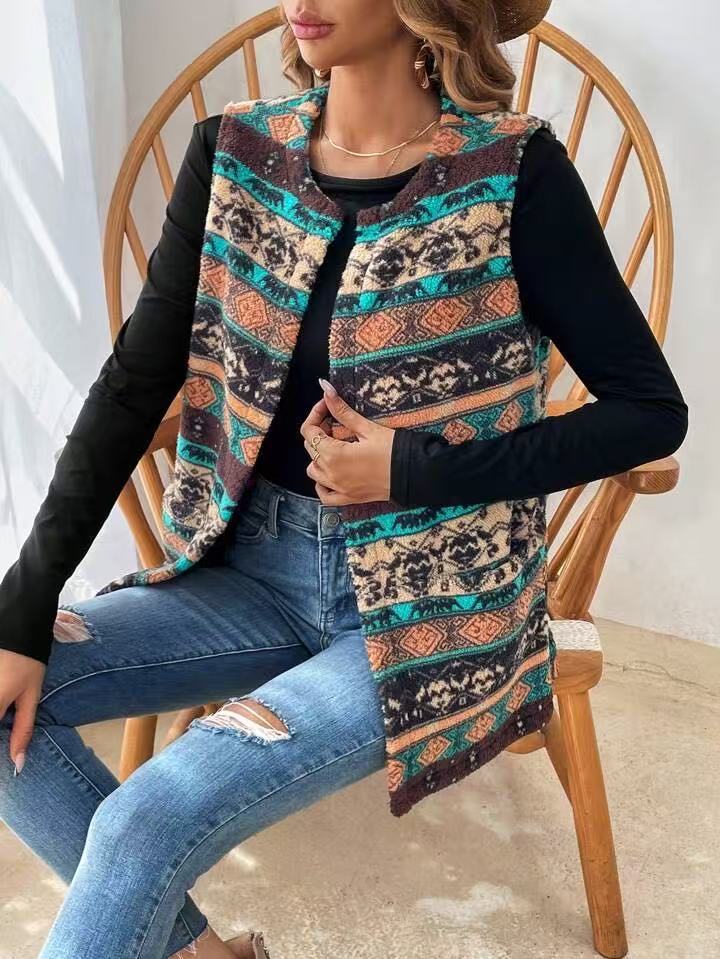 Women's Printed Double-sided Plush Buttonless Cardigan