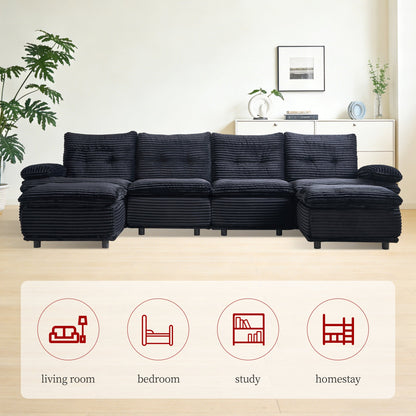 Sectional Sofa U-Shape Modular Corduroy Black 6-Seat with 2 Ottomans 140.94 In