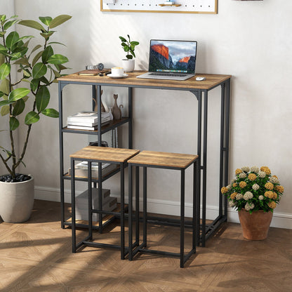 3-Piece Bar Table Set for 2 Bar-Height Dining Table with 2 Stools-Rustic Brown