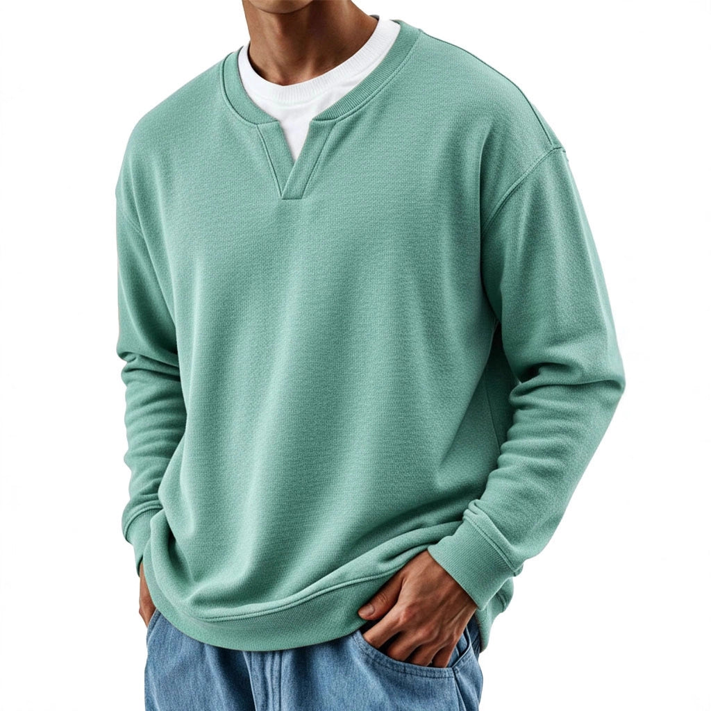 Mens Patchwork Mock Two-Piece Crew-Neck Long-Sleeve Top