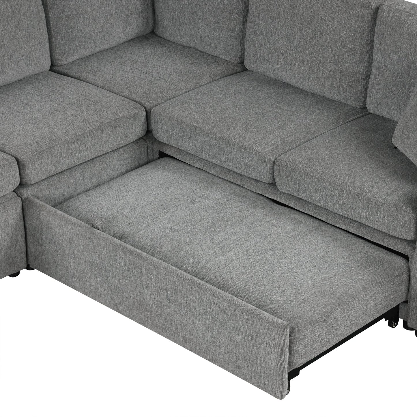 84" Sectional Sofa Convertible Pull-Out USB Gray