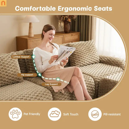 Sectional Sofa L-Shape Flannelette Light Camel 3 Seat with Ottoman